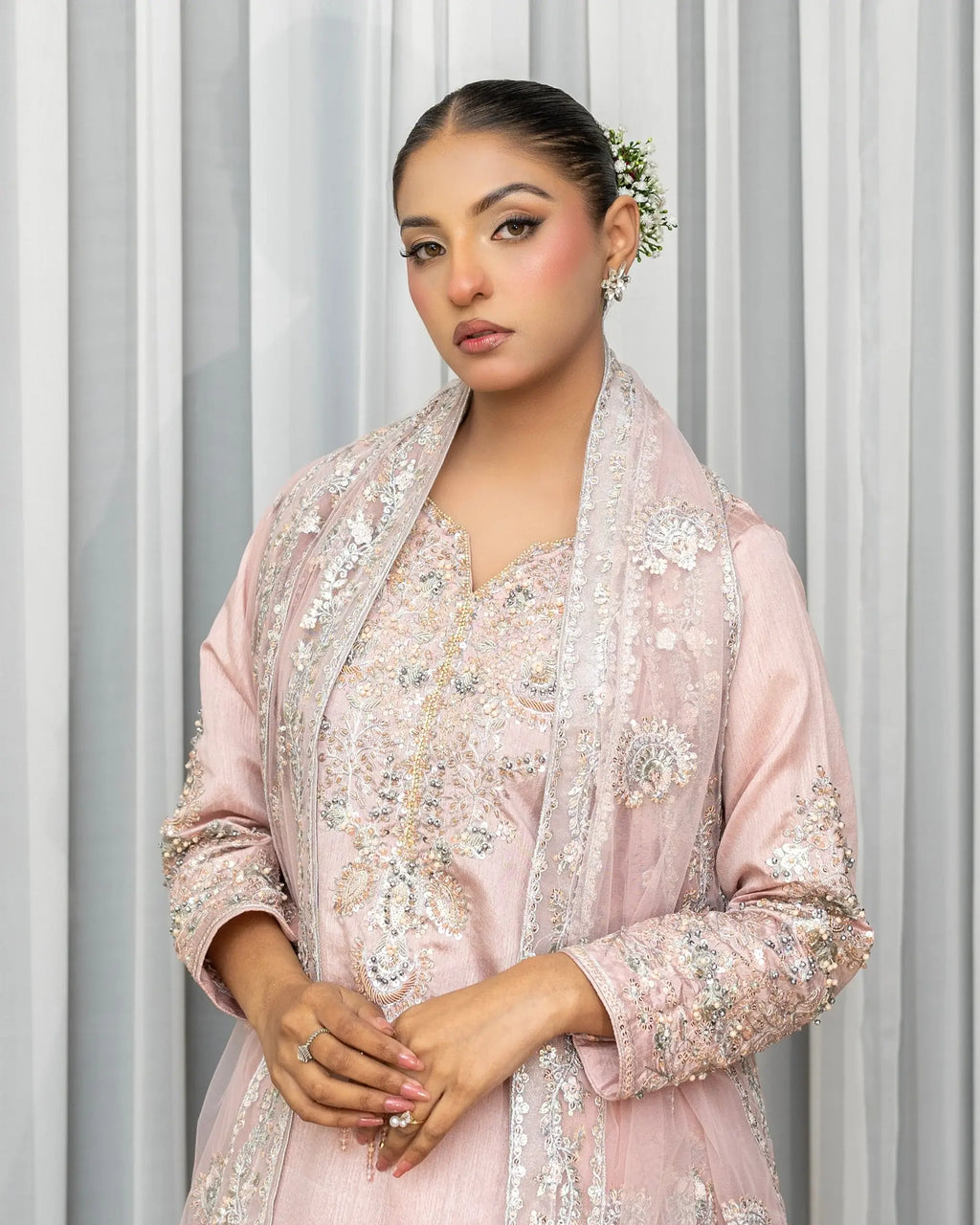 Embellished 3PC Suit with Palazzo – Luxury Wedding & Formal Wear Pakistan