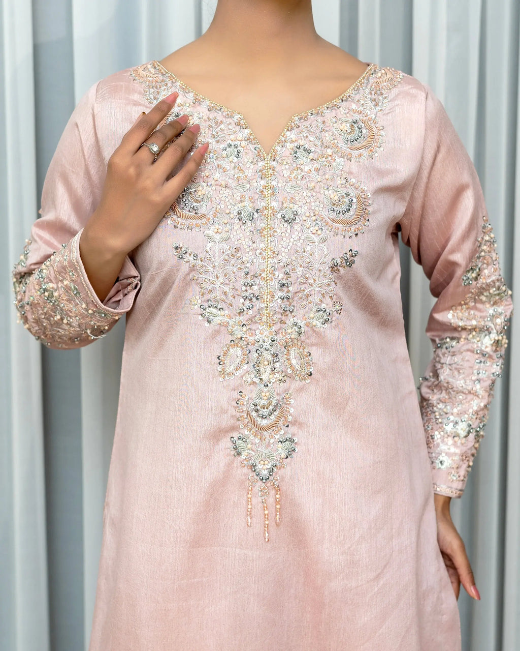 Embellished 3PC Suit with Palazzo – Luxury Wedding & Formal Wear Pakistan