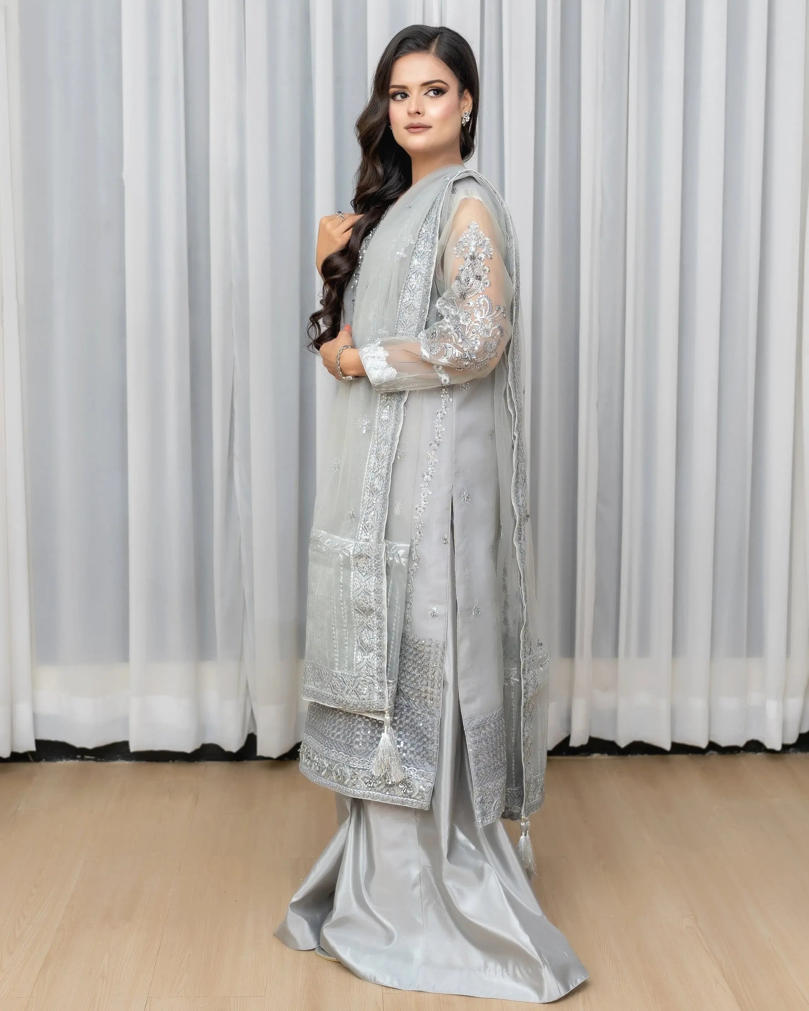 Grey Embroidered Organza 3PC Suit – Wedding & Party Wear Pakistan