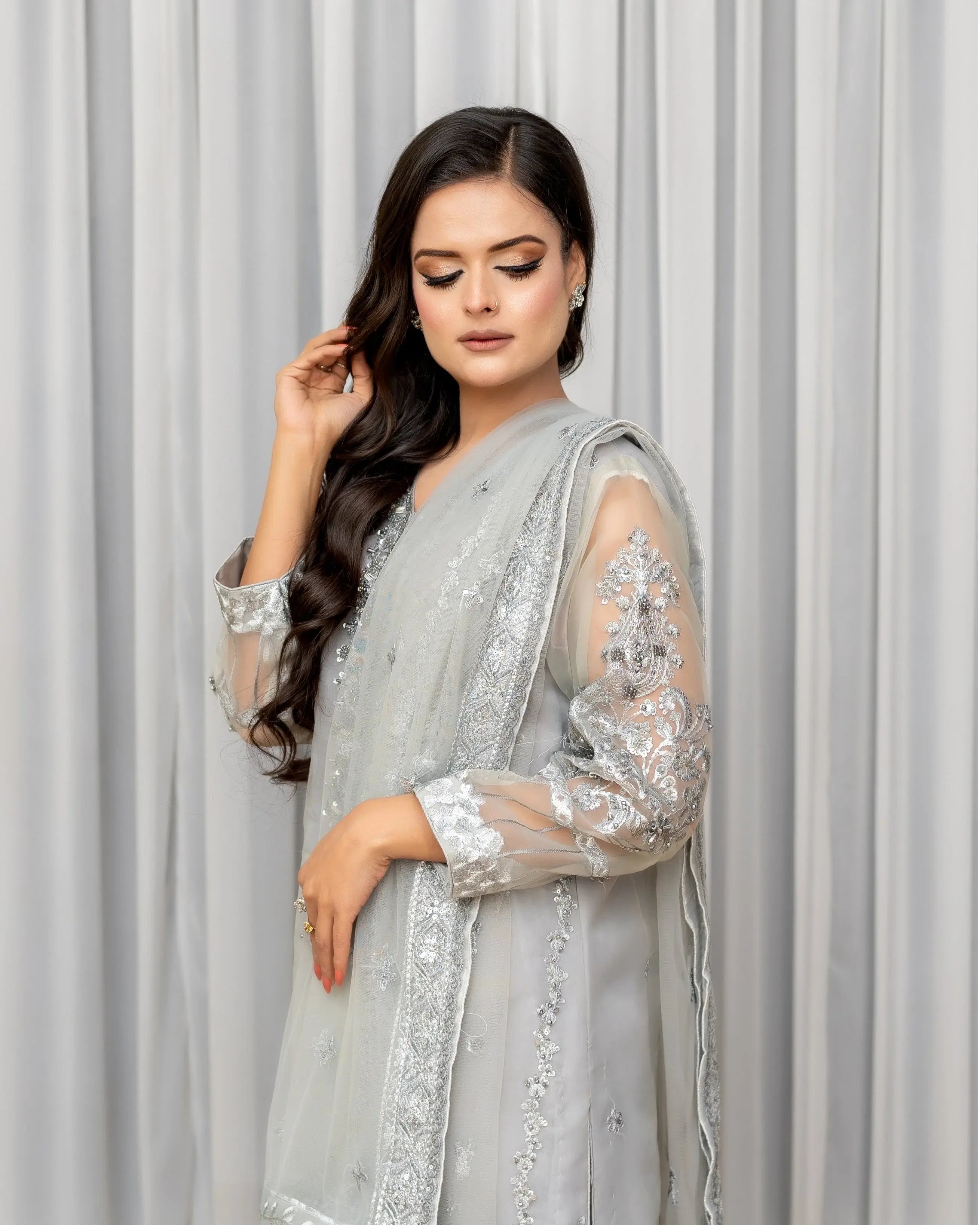 Grey Embroidered Organza 3PC Suit – Wedding & Party Wear Pakistan