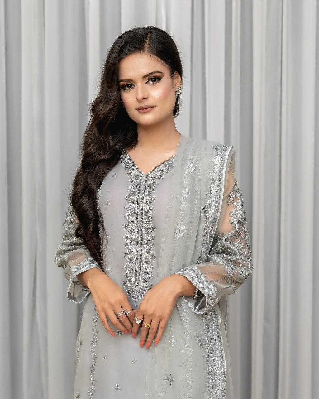 Grey Embroidered Organza 3PC Suit – Wedding & Party Wear Pakistan