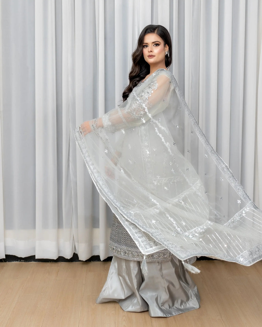 Grey Embroidered Organza 3PC Suit – Wedding & Party Wear Pakistan