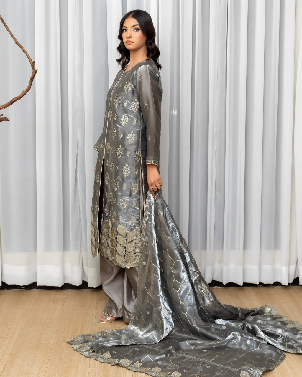 Silver Grey Silk 3PC Suit with Palazzo – Formal & Evening Wear Pakistan