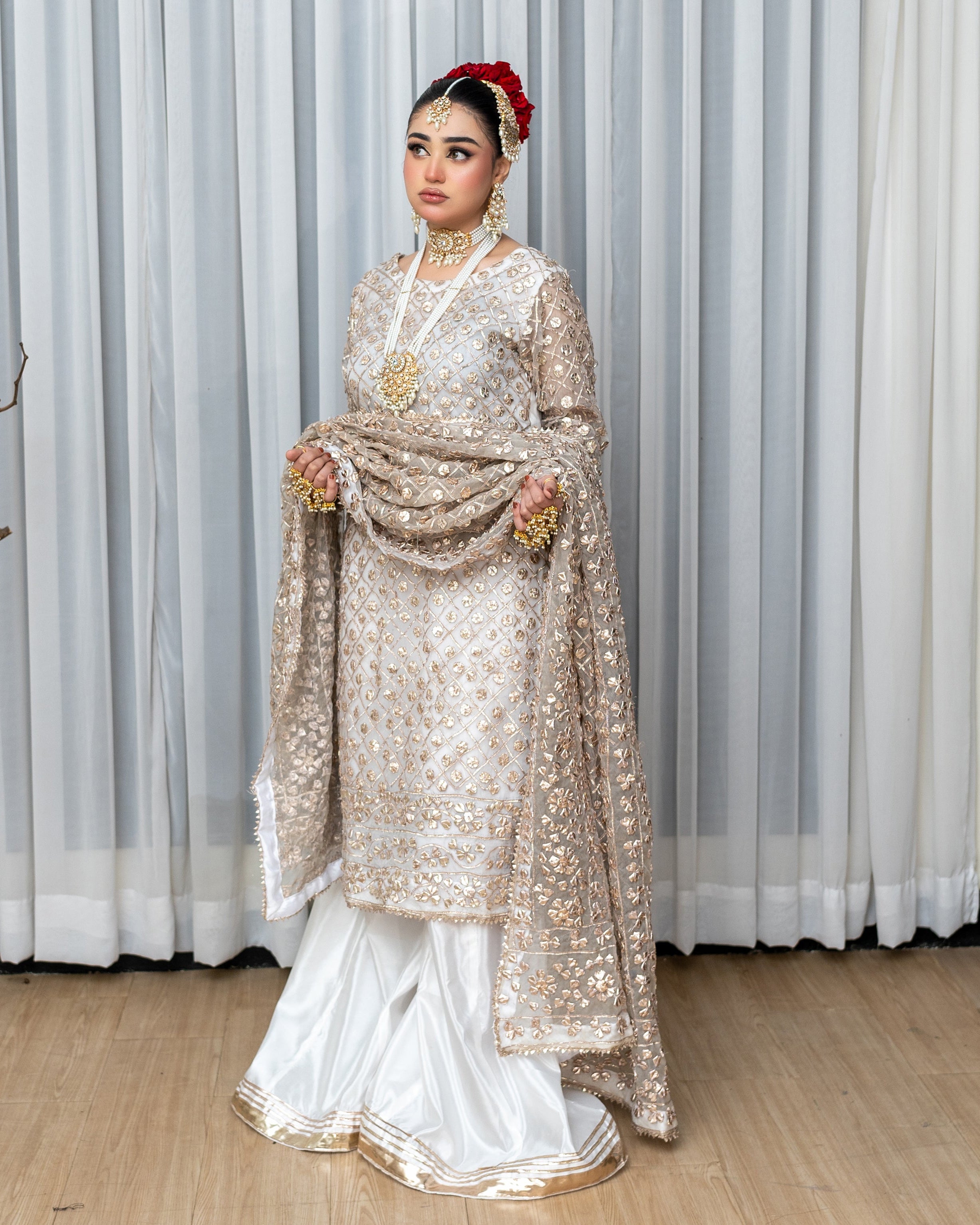White & Gold Organza Sharara Suit Bridal & Nikkah Wear Pakistan Q Sherazi White & Gold Organza Sharara Suit Bridal & Nikkah Wear Pakistan Q Sherazi
