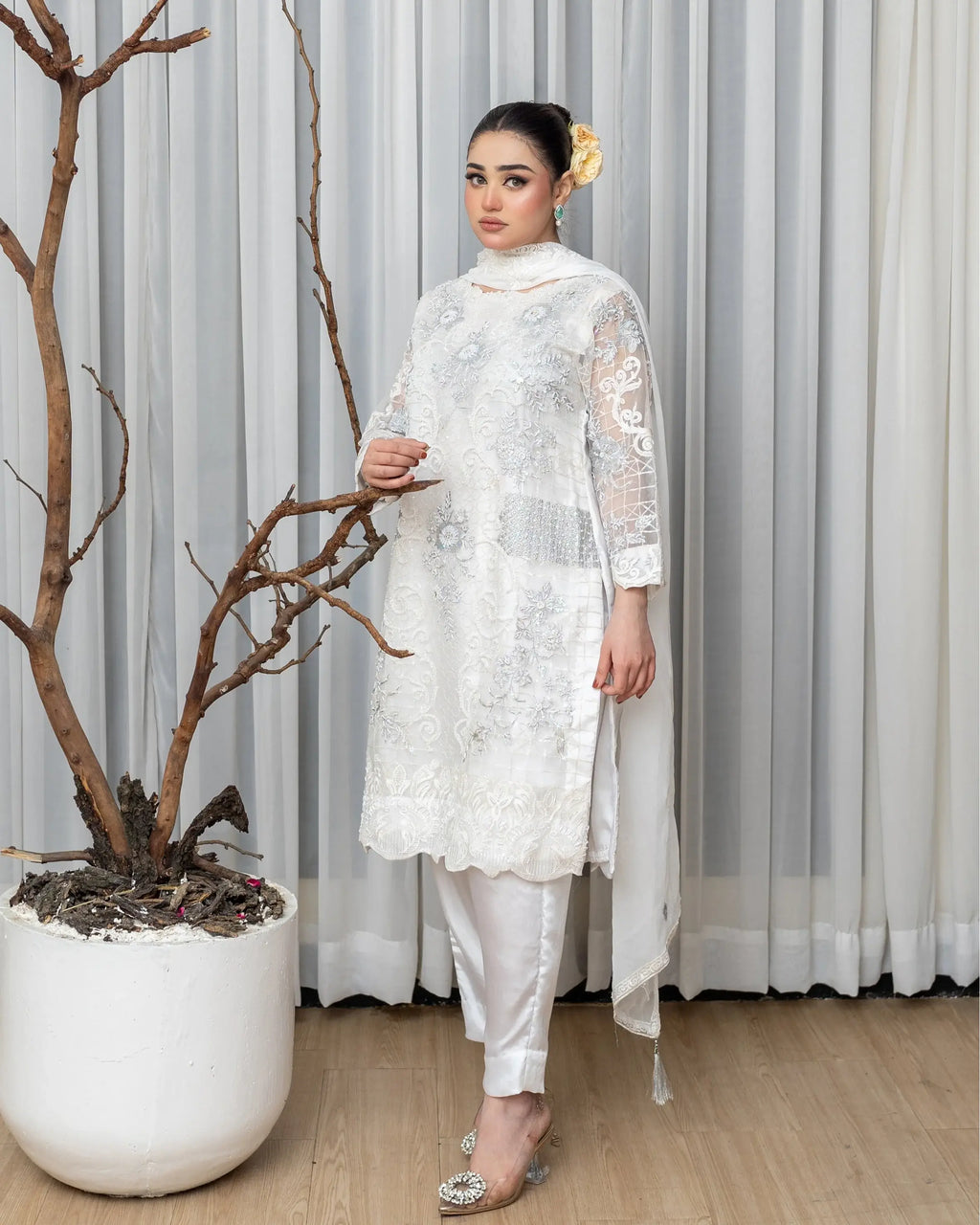 Organza Chikankari 3PC Suit with Cigarette Pants – Eid & Formal Wear Pakistan